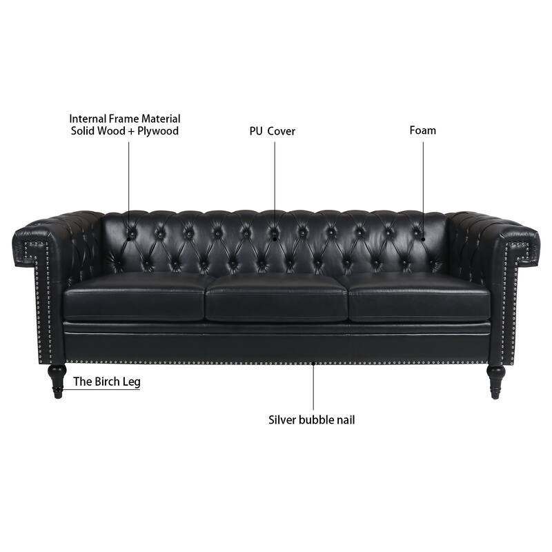 PU Leather 3 Seater Sofa, Upholstered Sofa with Rolled Arms & Removable Cushion, Lounge Sofa with Studs Trim & Wooden Legs