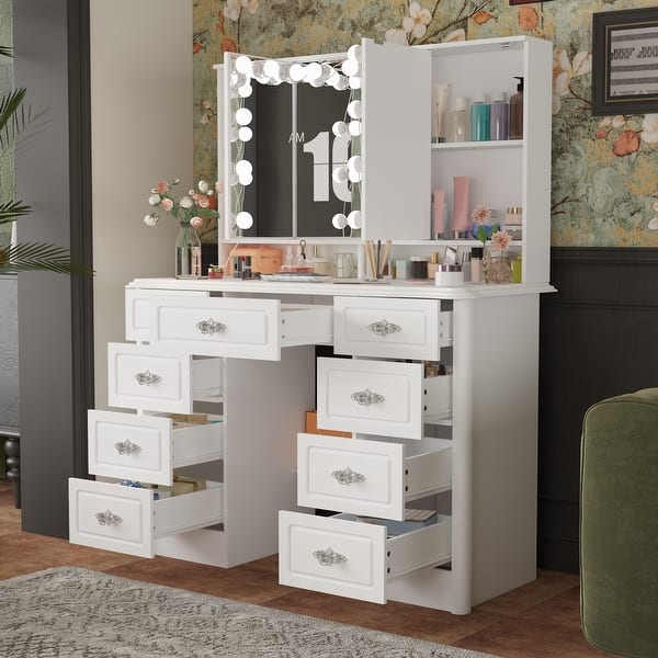 White Vanity Desk Makeup Vanity with 9 Drawers & Storage Cabinet, Large Dressing Table with Adjustable Lighting