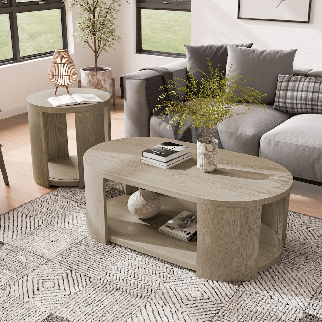 Furniture of America Piez Modern 2-Piece Oak Solid Wood Oval Cocktail Table Set with Casters