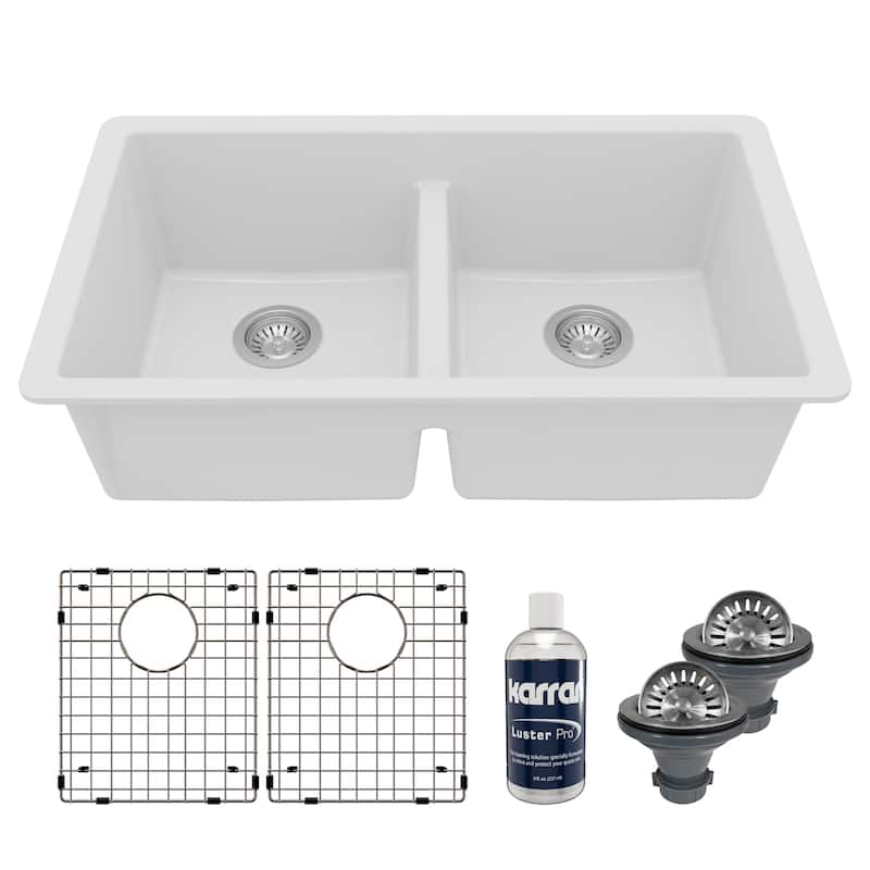 Karran 32" Undermount Double Equal Bowl Quartz Kitchen Sink Kit - 32" x 19.5" x 9" - White