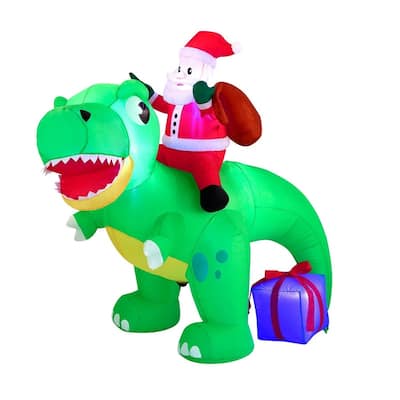 6 FT Christmas Inflatable Dinosaur with Build-in LEDs, Blow Up Dinosaur with Santa - Green
