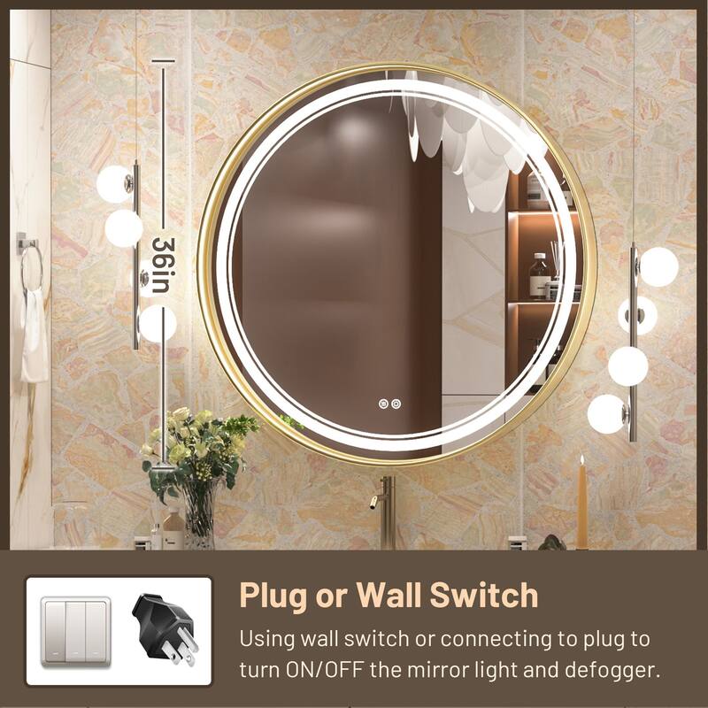 KEONJINN Round LED Front Light Bathroom Vanity Wall Mirror 3 Colors, Anti-fog, Metal Frame