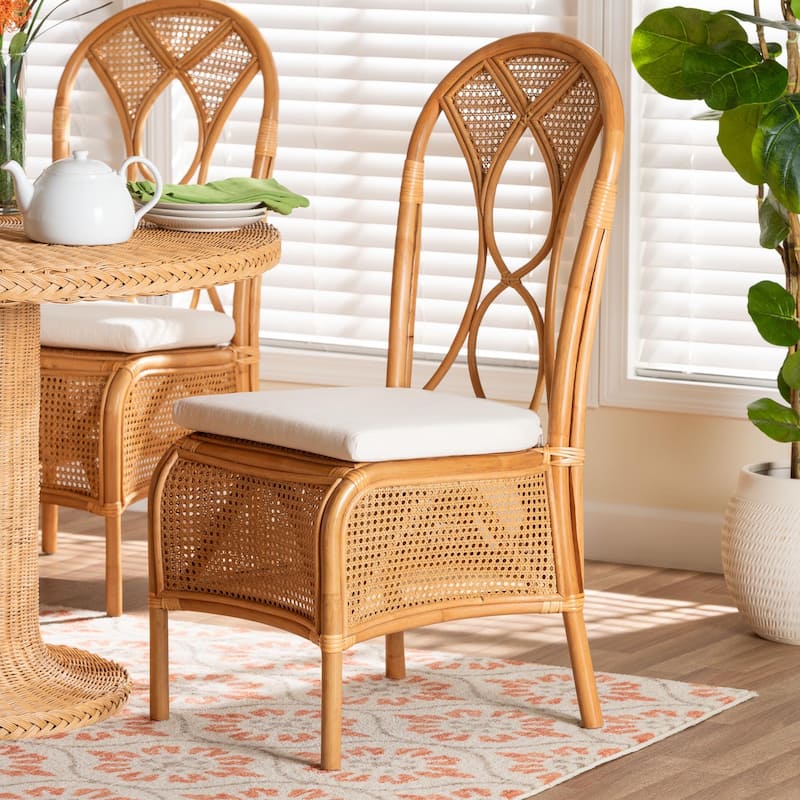 Elsa Natural Rattan Dining Chair - Handcrafted Wicker Side Chair with Openwork Back and Woven Detailing, Coastal Boho Seating