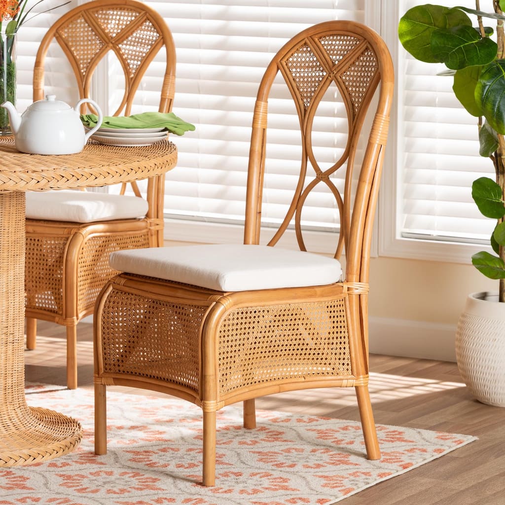 Elsa Natural Rattan Dining Chair - Handcrafted Wicker Side Chair with Openwork Back and Woven Detailing, Coastal Boho Seating