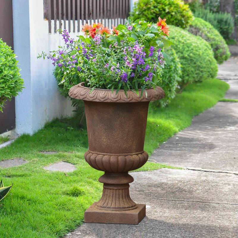 21.3" H Handmade Rustic Brown Fiber Stone Tall Urn Planter Pots - 21.3" H