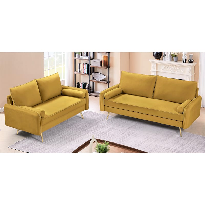 Villeda Velvet Mid-century modern 2PCS living room set - Greenish Yellow