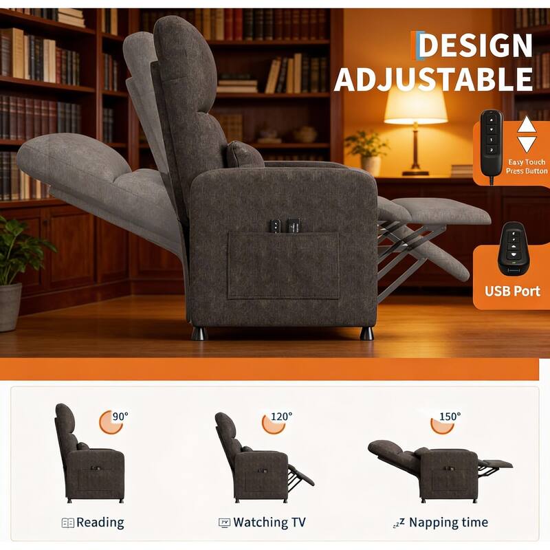 Power Recliner Chair, with 2 Side Pockets and USB Port