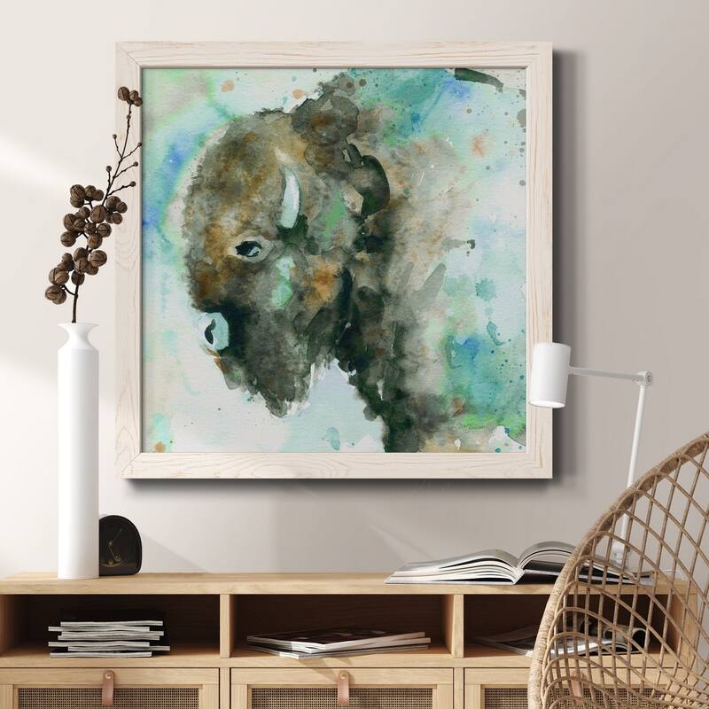 Buffalo On Blue-Premium Framed Canvas - Ready to Hang