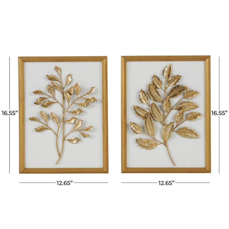 Gold Wood 3D Leaf Home Wall Decor with Beveled Frame (Set of 2)