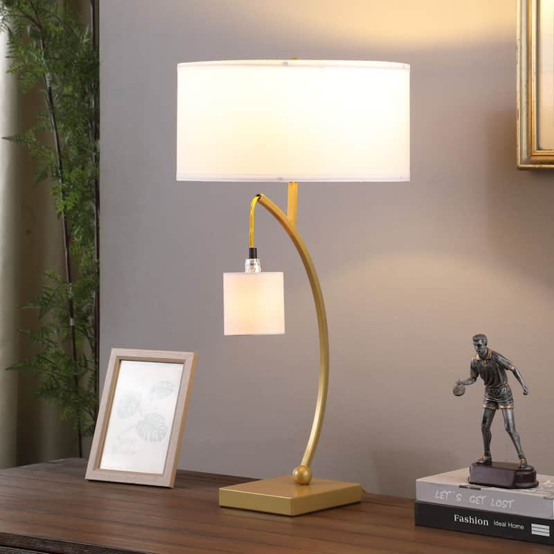 29" Metal Two Light Arched Table Lamp with White Drum Shade - 28.5" H x 15" W x 15" D