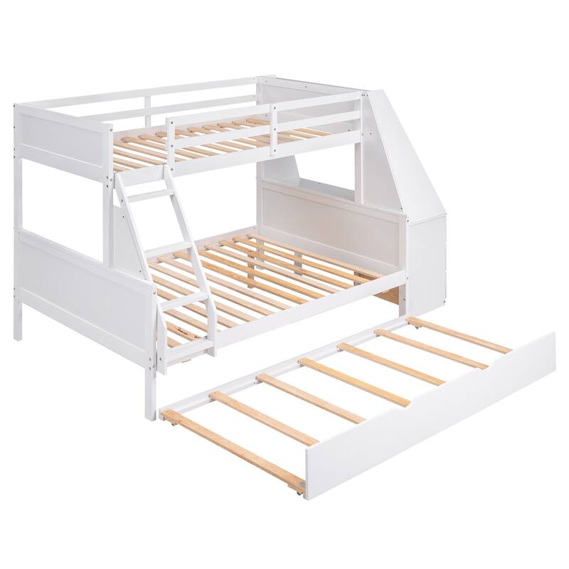 Twin over Full Bunk Bed with Trundle, Built-in Desk, Storage Drawers, and Shelf, White