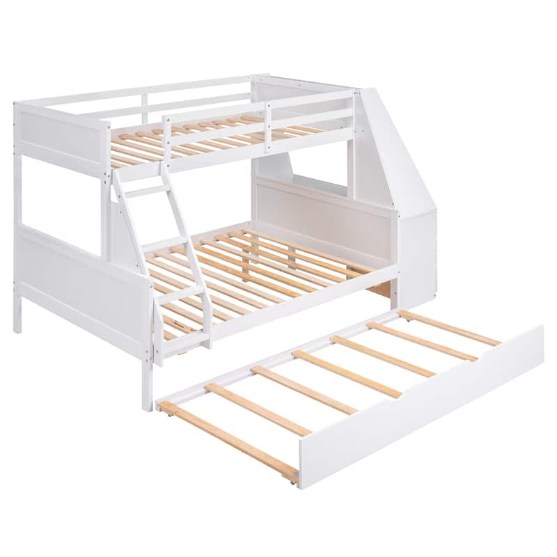 Twin over Full Bunk Bed with Trundle and Built In Desk, Versatile Pine Wood Bunk Bed Frame with 3 Drawers and Storage Shelves