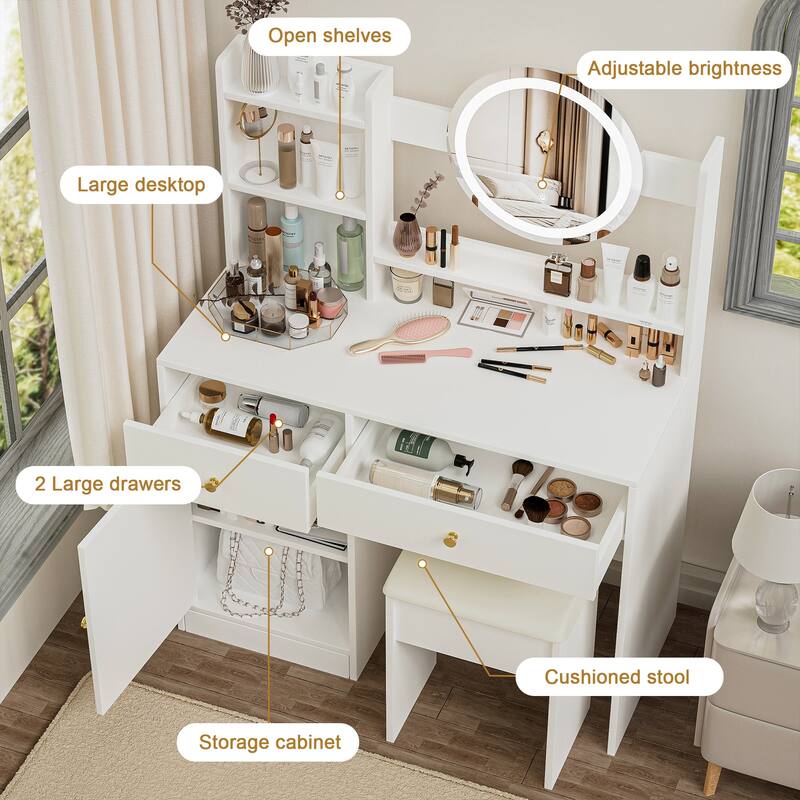 35.4" Makeup Vanity Table with LED Mirror & Stool - Adjustable Lighting, 2 Drawers, Side Storage Shelves