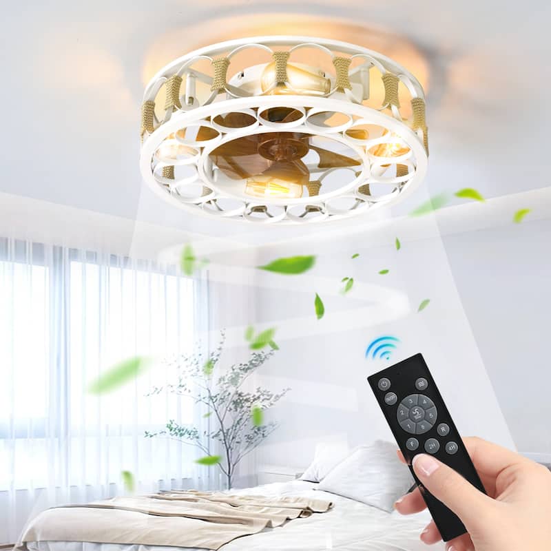 Anmytek White Caged Ceiling Fan with Lights 6 Speed Reversible Remote Control