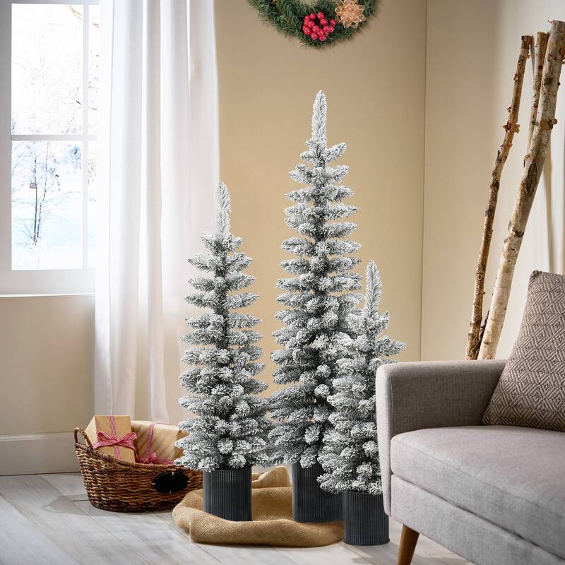 Set of 3 Snow-Flocked Christmas Trees with Metal Pots - 60" H x 15.7" Diameter
