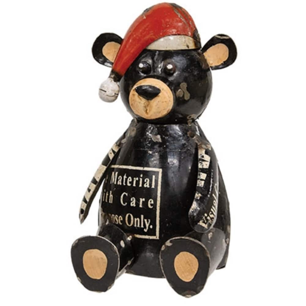 Black Metal Sitting Bear Decor with Santa Hat and Distressed Patchwork Finish - 4.25 x 5 x 9 in