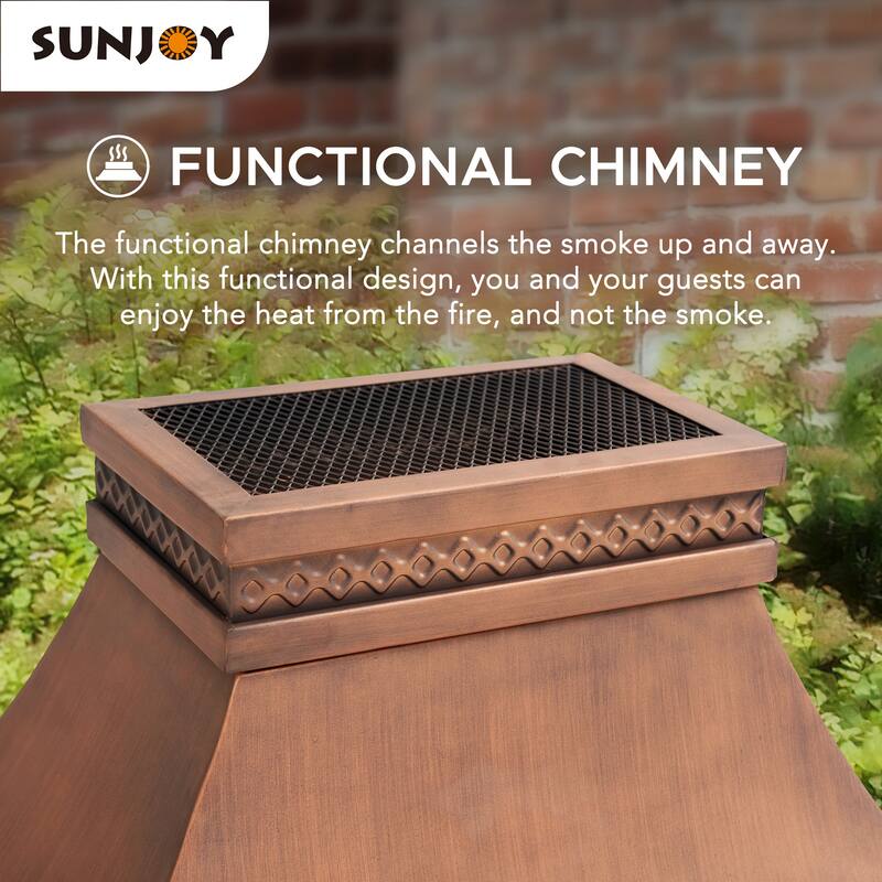 Sunjoy Smith Collection Outdoor Patio Wood Burning Steel Fireplace with Chimney, Spark Screen, Fire Poker, and Removable Grate