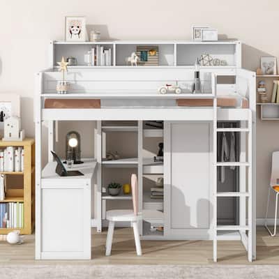 Twin Loft Bed w/ 17.7''x 48.5'' Built-in Desk, Wardrobe, Bookshelves