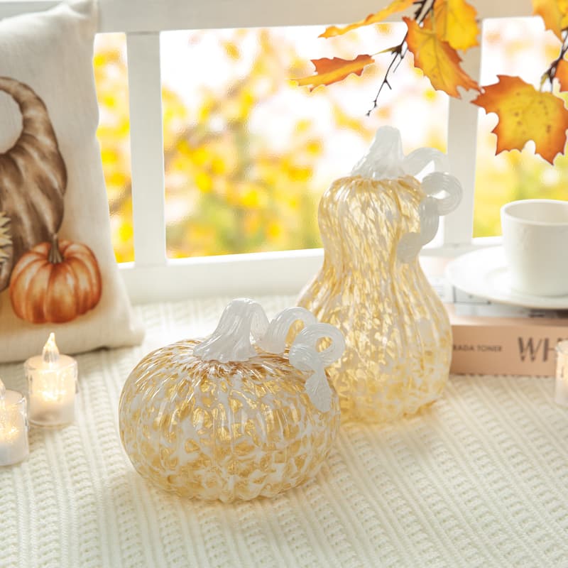 Glitzhome Fall Harvest Amber Dots Glass Pumpkin Thanksgiving Decorating - Small Round & Gourd
