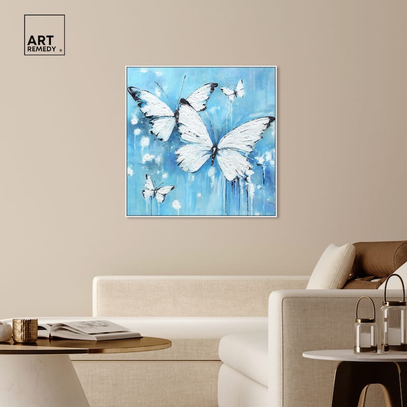 Art Remedy Textured Blue Butterflies Framed Butterfly 1 Piece Canvas Wall Art