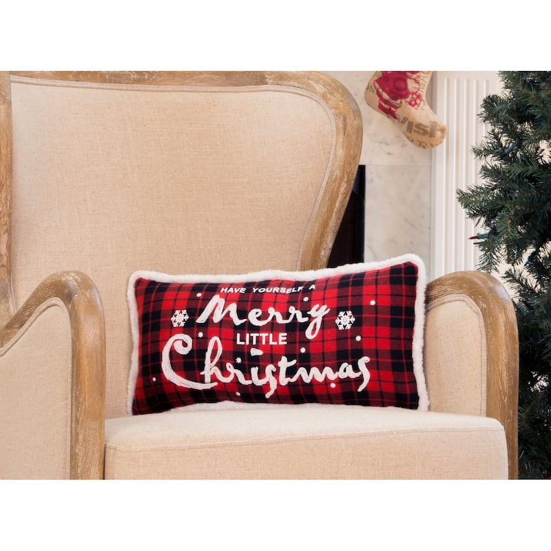Merry Christmas with Faux Fur Trim Christmas Check Pillow, 10 by 20-Inch