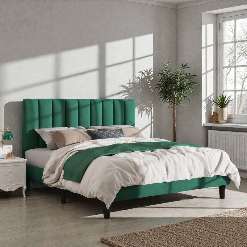 Upholstered Platform Bed Frame with Adjustable Headboard, Velvet Upholstered, No Noise, 800 lbs Capacity, 12 Inch Clearance