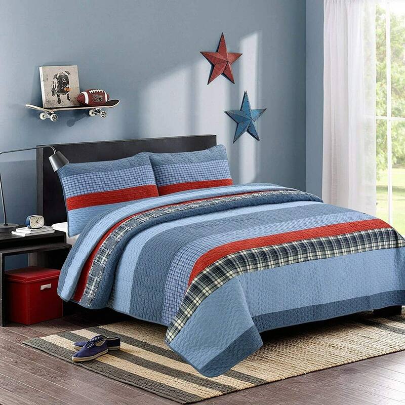 Cozy Line Varsity Navy Red Stripe Denim Cotton Quilt Bedding Set