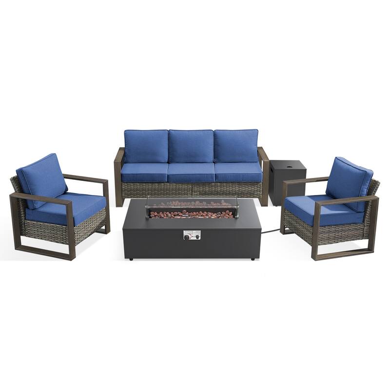 Meyreso Wicker Patio Conversation Set with Metal Fire Pit Table & 4.5-Inch Olefin Cushions