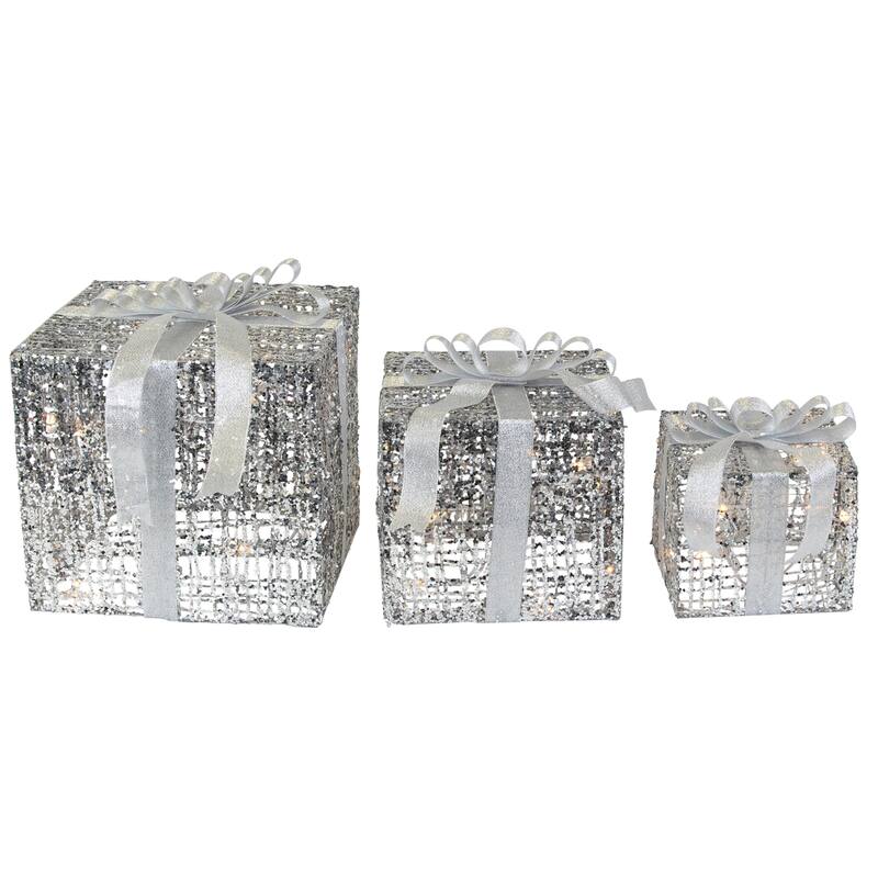 3 LED Silver Glitter Threaded Gift Boxes Outdoor Christmas Decoration
