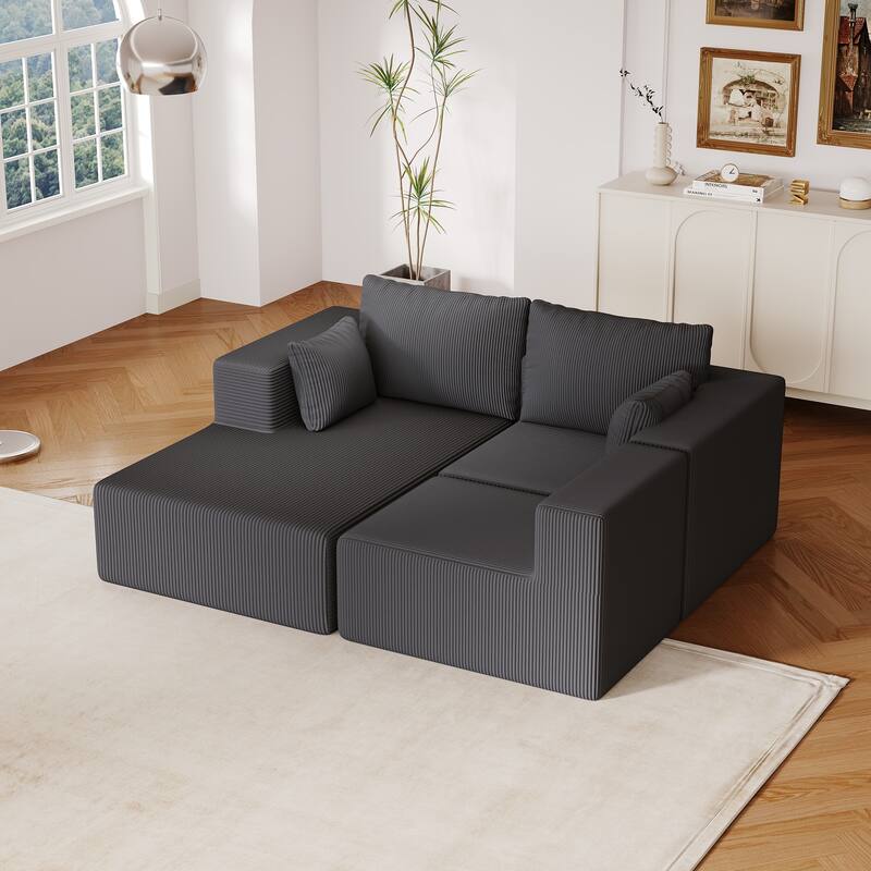 L Shaped Sectional Foam Sofa, Upholstered Corduroy Fabric Sofa, Modular Cloud Couch with Chaise Lounge & Removable Covers - DARK GREY