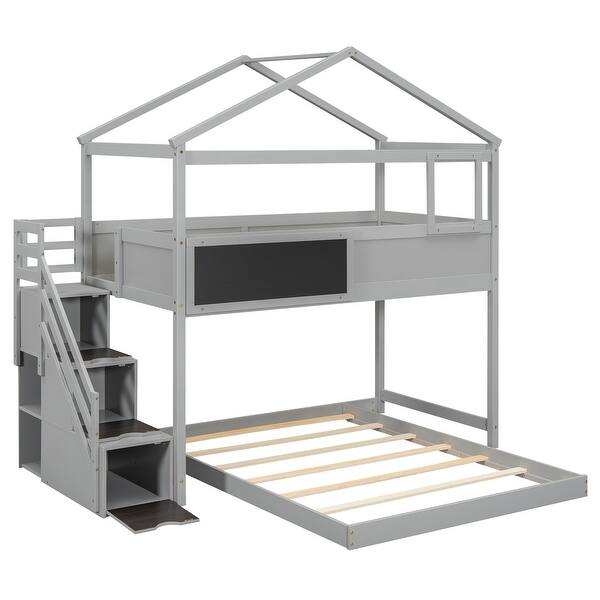 slide 2 of 18, Grey Twin Over Full House Bunk Bed with Storage Staircase & Blackboard Grey - Full