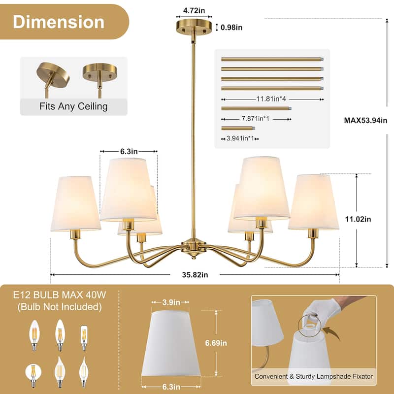 Starsky 6-Light Modern Classic Chandelier with White Linen Shades