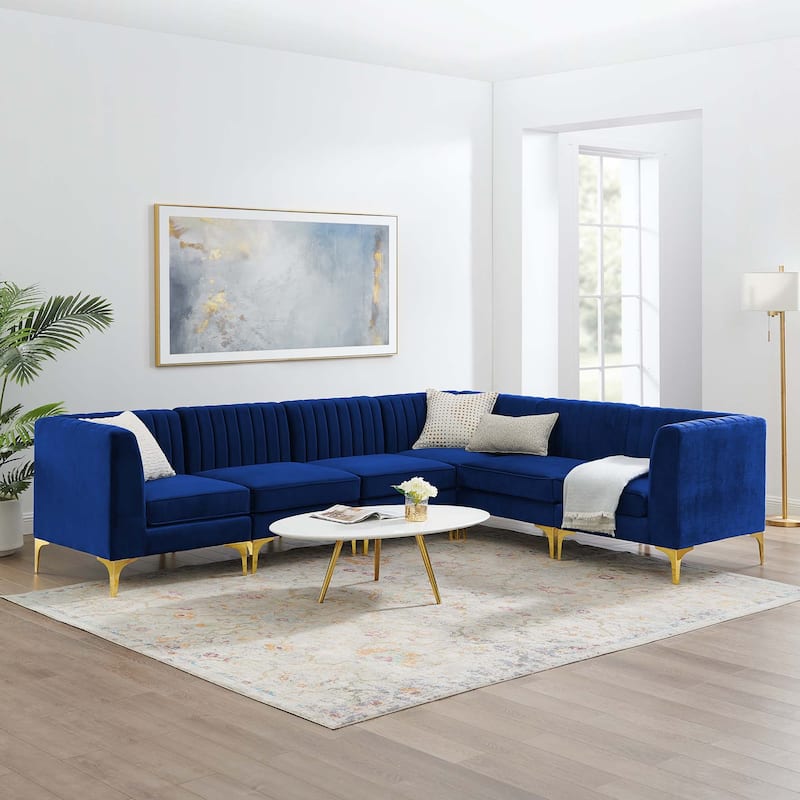 Triumph Channel Tufted Performance Velvet 6-Piece Sectional Sofa - Navy