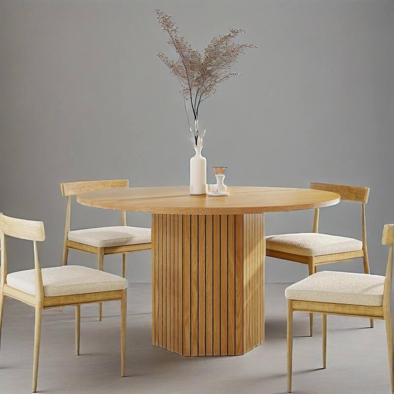 Oak Wood Round Dining Table with Hexagonal Fluted Pedestal Base - 47.25" x 47.25" x 29.5"