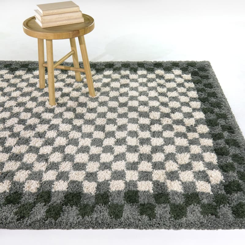 Covey Plush Checkered Thick Shag Area Rug - 5'3" x 7' - Grey/Green