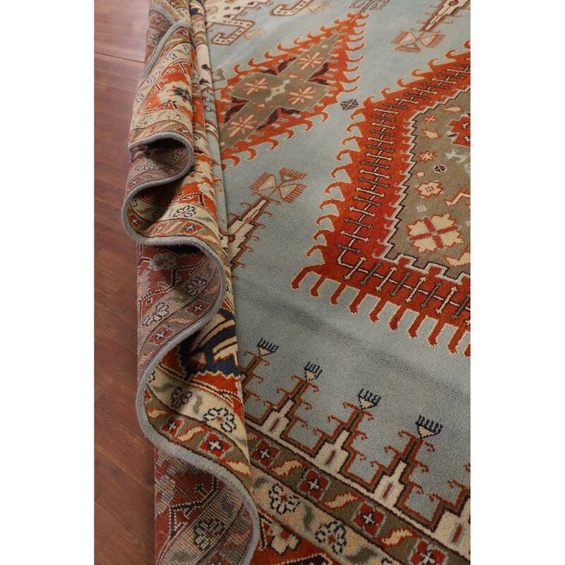 Light Blue Orange Viss Oriental Large Rug Hand-Knotted Wool Carpet - 11'9" X 17'9"