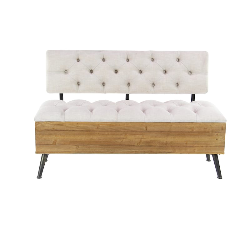 White Fabric Storage Bench with Cream Tufted Seat and Back