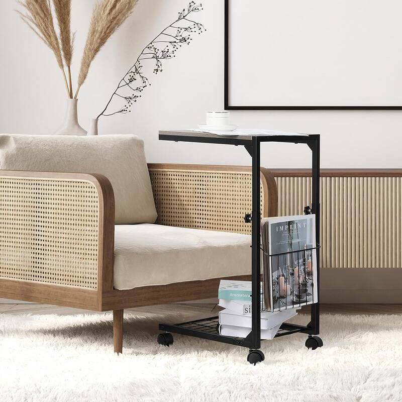 C Shaped End Table Height Adjustable with Metal Frame