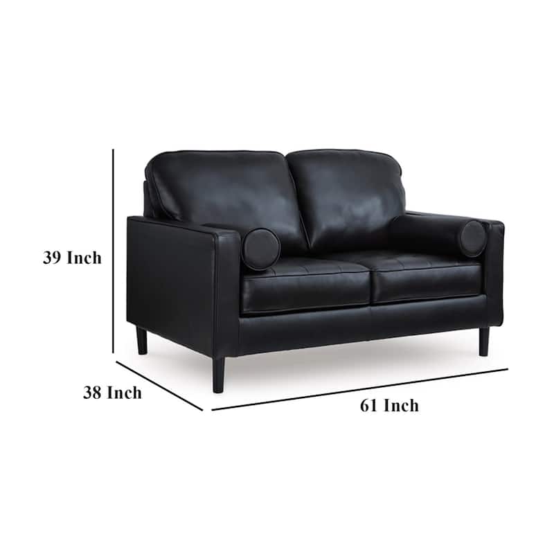 Bryc Loveseat, 2 Bolster Pillows, 61 Inch Black Real and Faux Leather