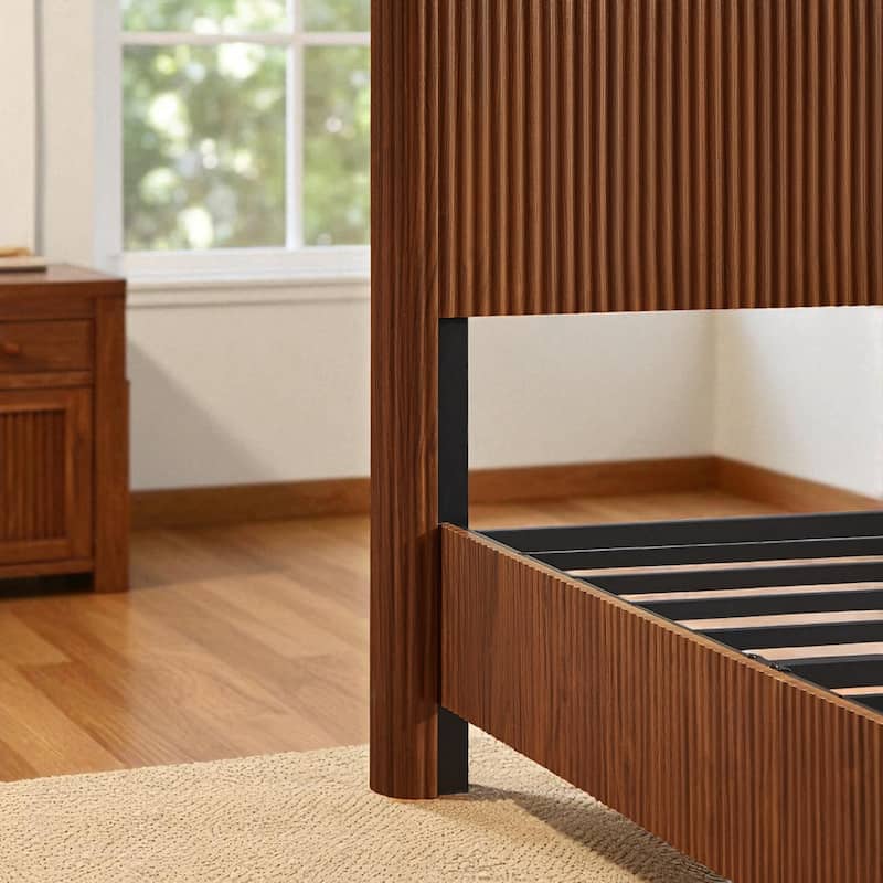 Queen Size Wooden Bed Frame with Corrugated Curved Headboard, Heavy-Duty Metal Support, No Box Spring Needed