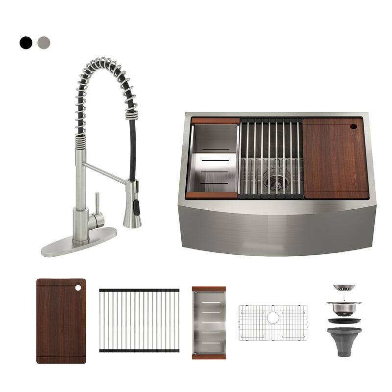 Stainless Steel 33 in. Single Bowl Farmhouse Apron Workstation Kitchen Sink with Kitchen Faucet and Accessories - Silver