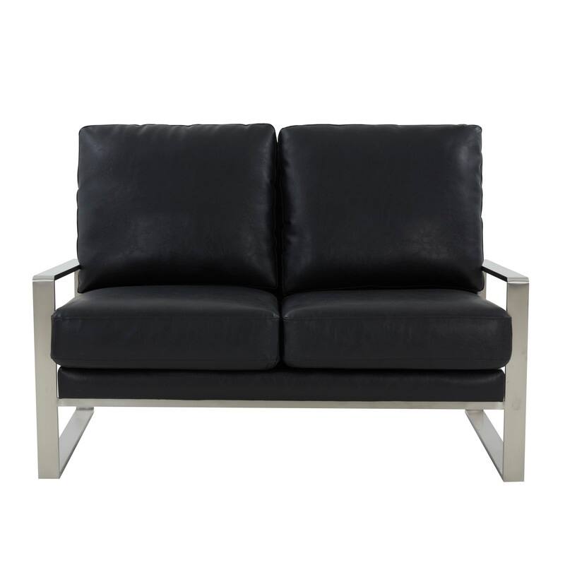 Jefferson Modern Leather Loveseat with Brushed Silver Stainless Steel Base, Removable Cushions, Sinuous Springs, Fully Assembled