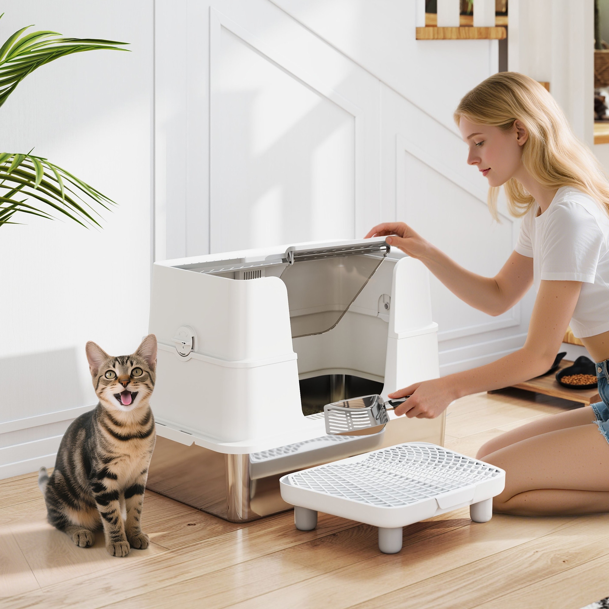 PawHut XL Stainless Steel Litter Box with Lid, Extra Large Top & Side Entry Enclosed Litter Box for Big Cats with 100° Flip Top