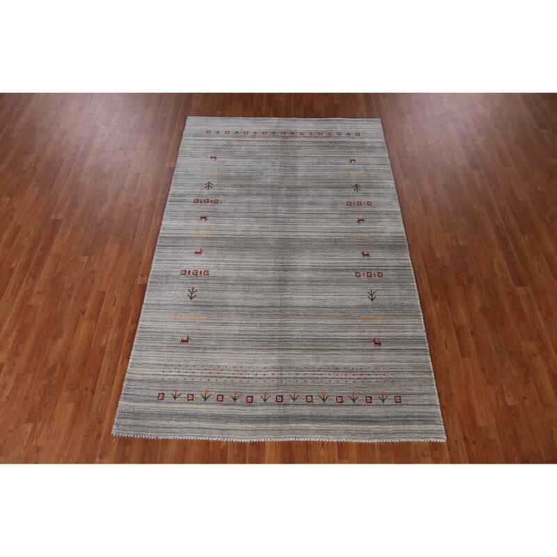 Hand Knotted Oriental 100% Wool Carpet Tribal Animal Pictorial Greys & Charcoal Gabbeh Area Rug - 8' 0'' X 5' 0''