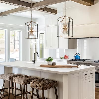 Modern Farmhouse 4-Light Black Gold Metal Chandelier Lantern Sputnik Pendant Lights for Dining Room - 16"D x 26.5"H