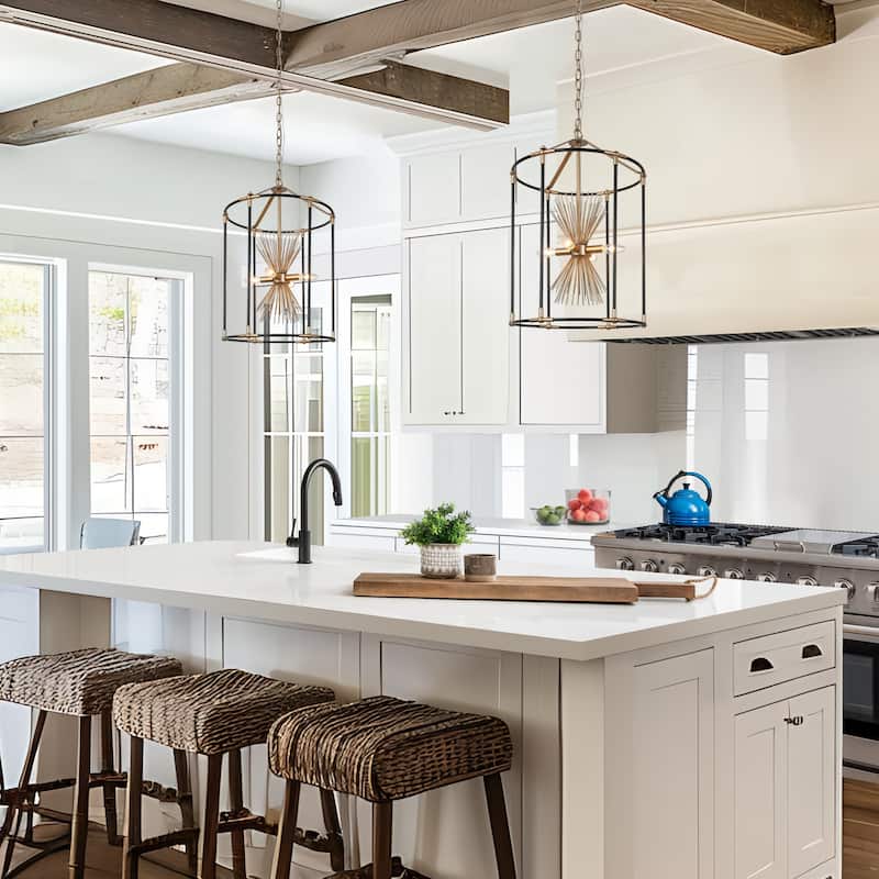 Modern Farmhouse 4-Light Black Gold Starburst Chandelier Cage Pendant Light for Dining Room