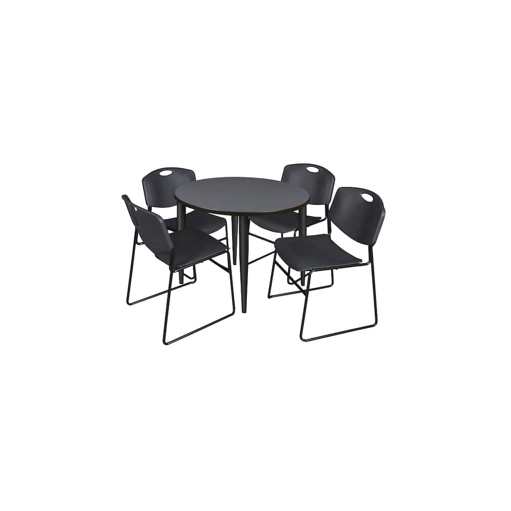 36 in. Round Breakroom Table- Grey Top, Black Base & 4 Stack Chairs- Black