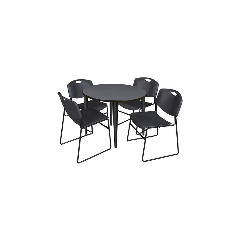 36 in. Round Breakroom Table- Grey Top, Black Base & 4 Stack Chairs- Black