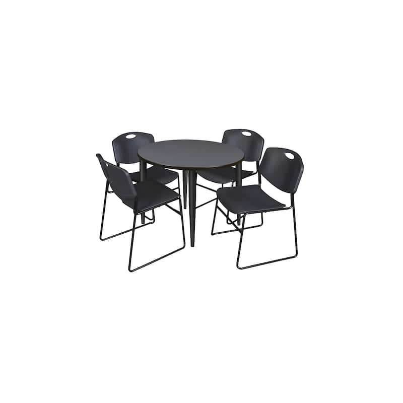 42 in. Round Breakroom Table- Grey Top, Black Base & 4 Stack Chairs- Black