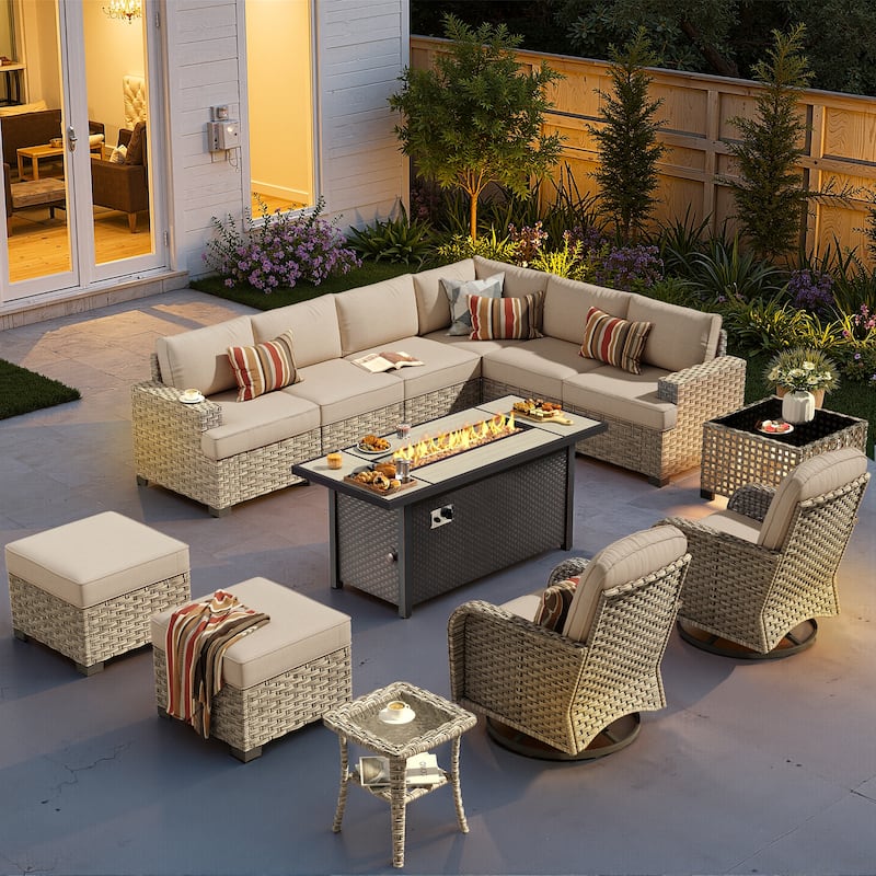 XIZZI 13-Piece Outdoor Wicker Sectional Swivel Chairs Set with Firepit Table - Beige